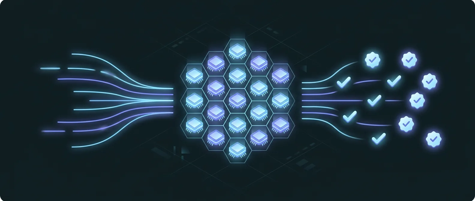 Signals flowing through AlgoVesta's 13-module verification layer before execution